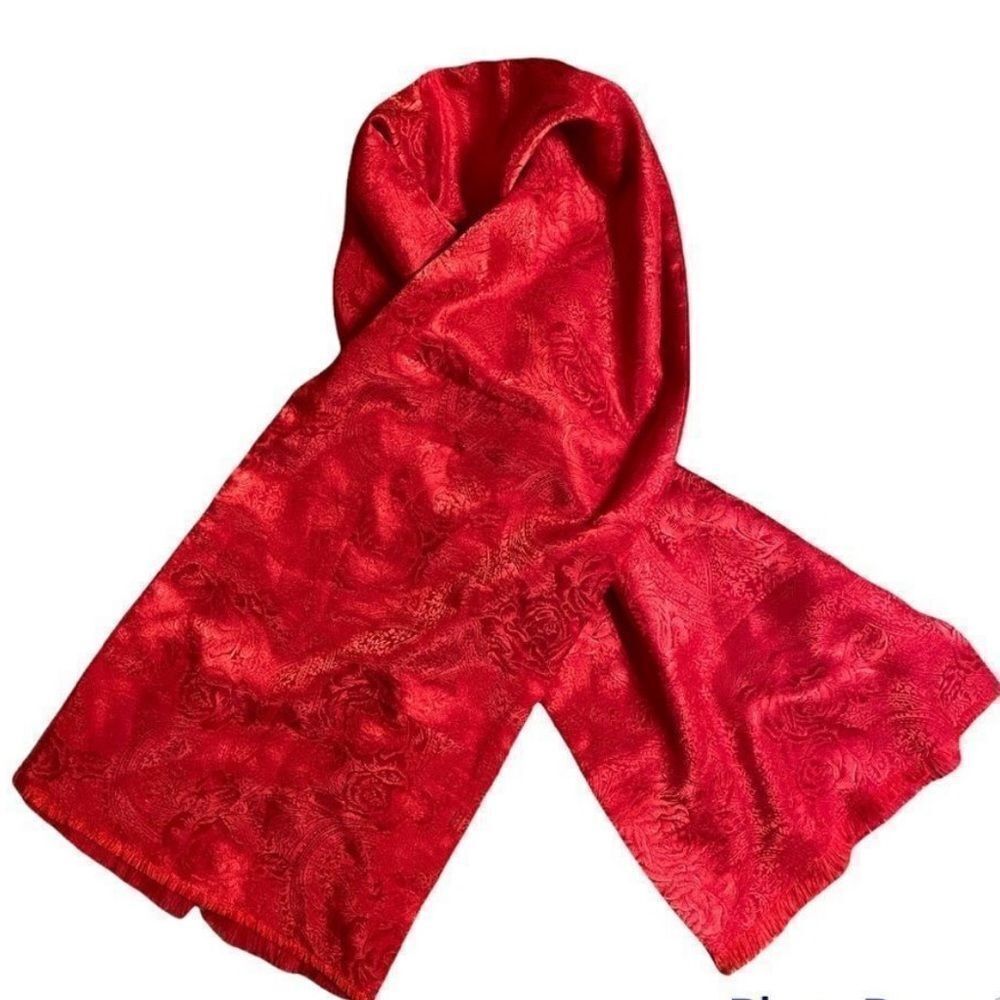 Vintage Red Paisley scarf woolly on one side, silky self patterned on the other